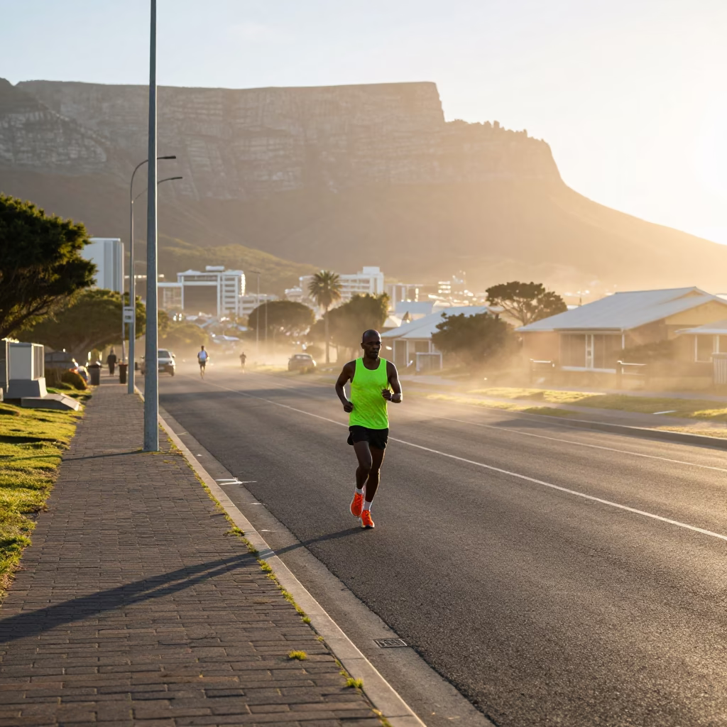 First Light Morning in Cape Town South Africa Street Scene with Marathon Runner in in Cape Town, South Africa