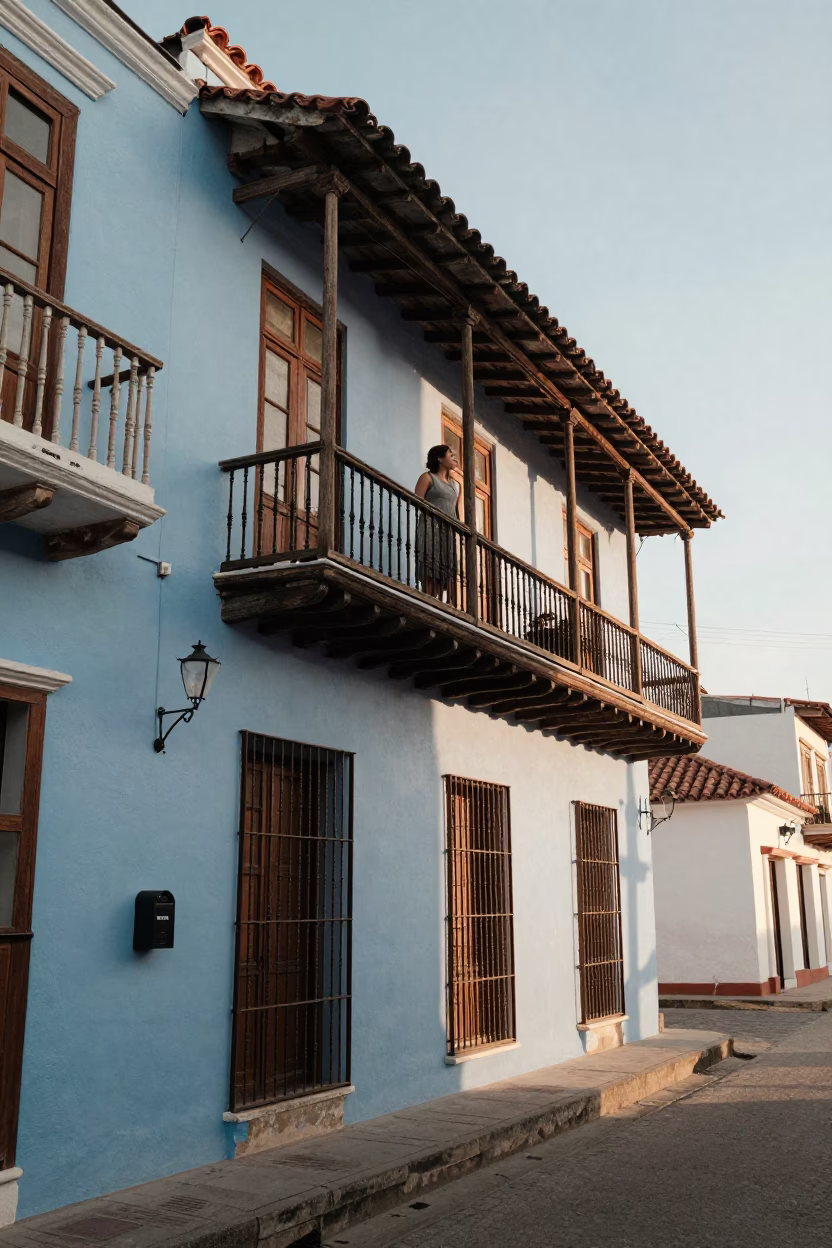 First Light Morning in Cartagena Colombia Colonial Balcony with Mailbox and Street Life in in Cartagena, Colombia