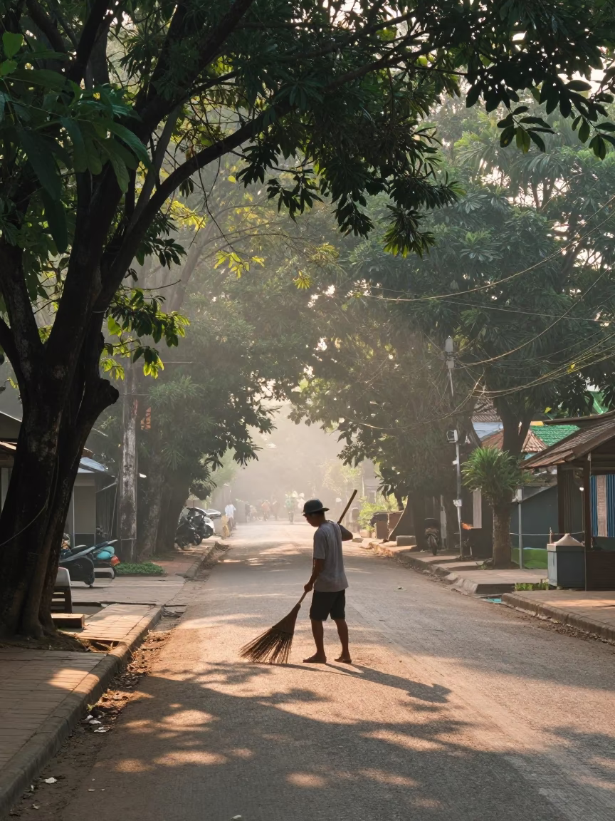 First Light Morning in Chiang Mai Thailand Street Scene with Broom and Motorcycles in in Chiang Mai, Thailand