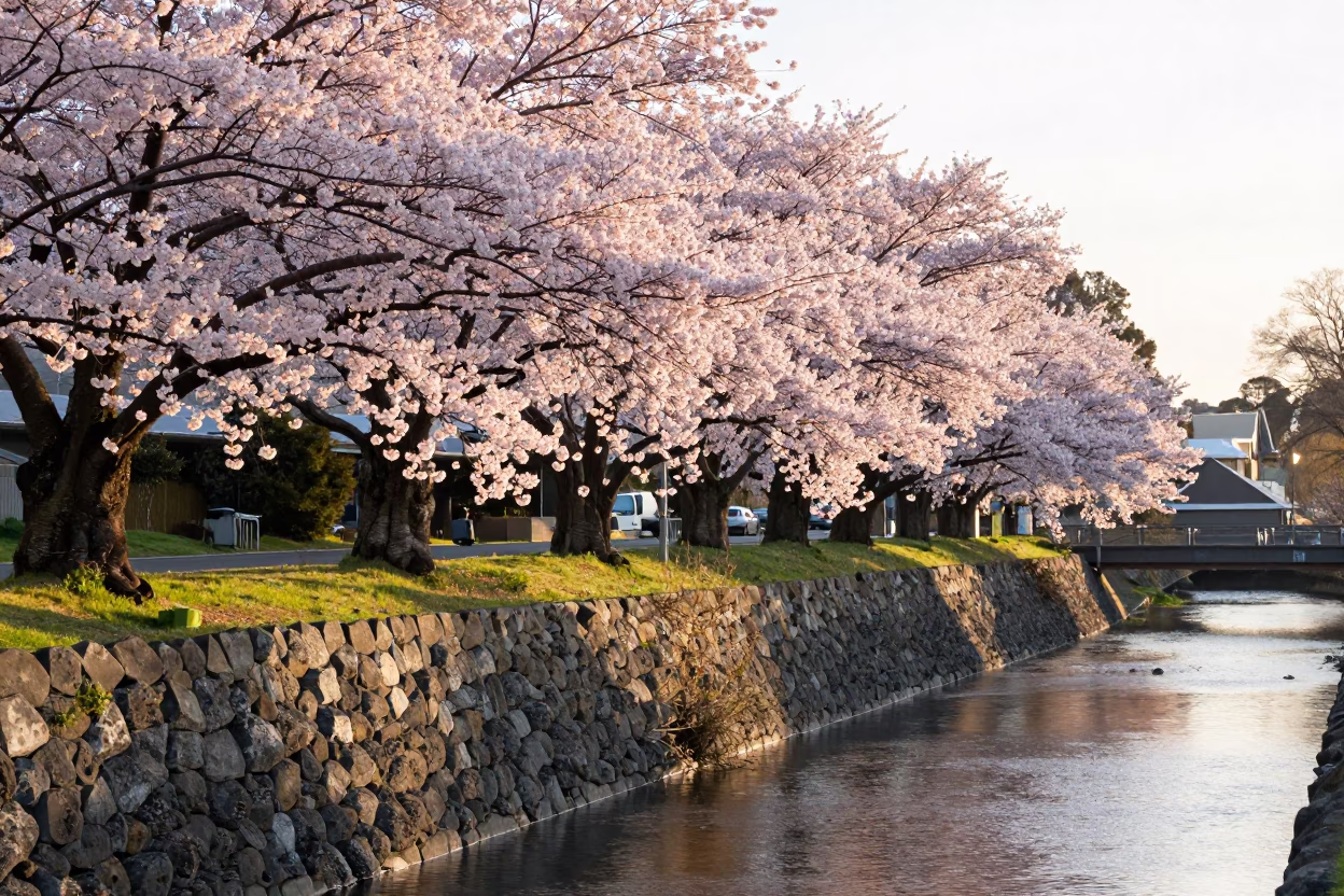 First Light Morning in Christchurch New Zealand with Cherry Trees Along the Avon River in in Christchurch, New Zealand
