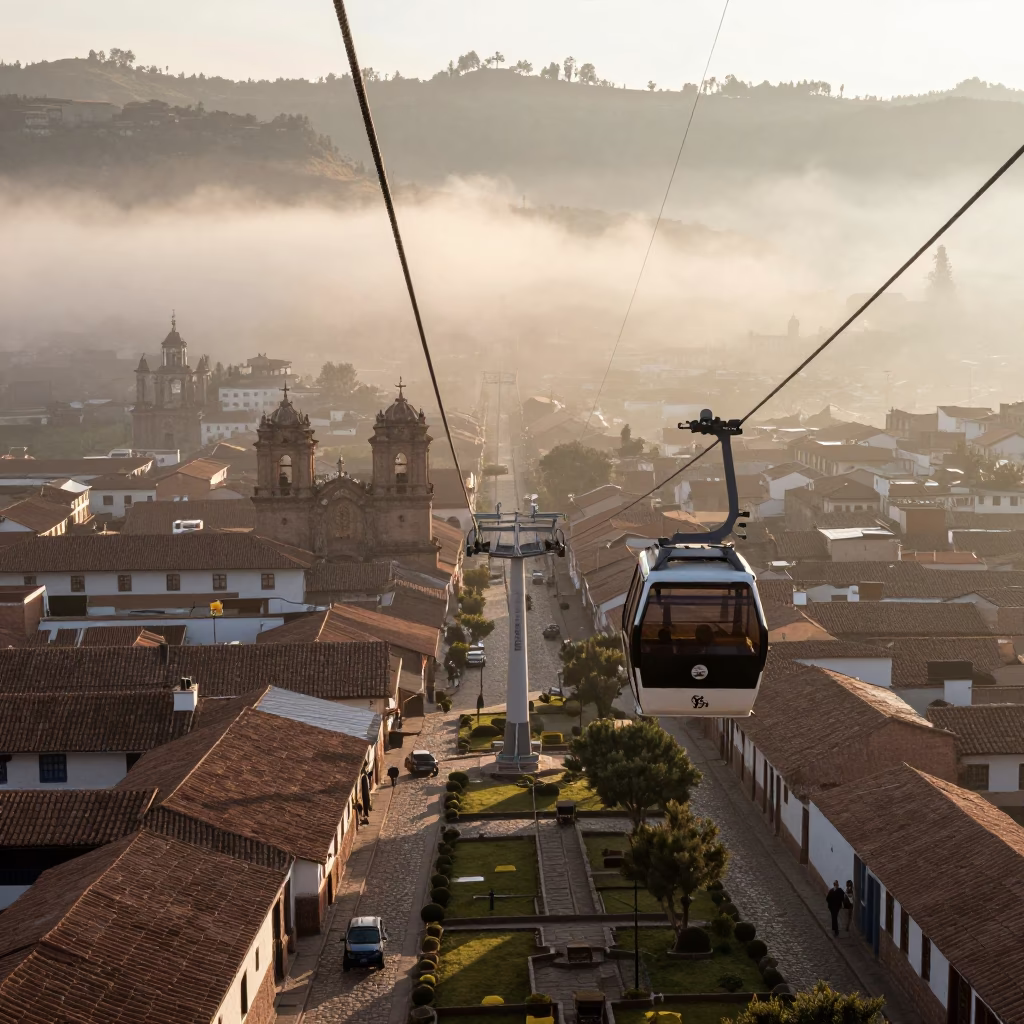 First Light Morning in Cusco Peru Aerial Tramway Fog and Colonial Street Life in in Cusco, Peru