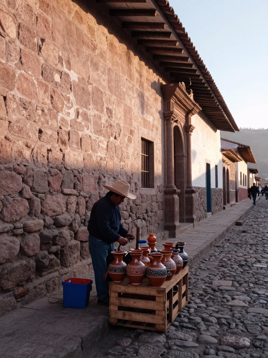 First Light Morning in Cusco Peru Street Scene with Local Vendor and Traditional Pottery in in Cusco, Peru
