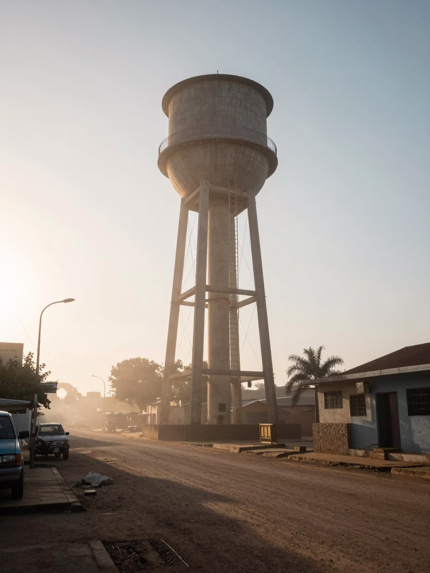First Light Morning in Dakar Senegal Street Scene with Water Tower and Local Life in in Dakar, Senegal
