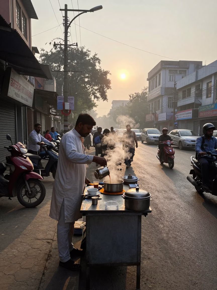 First Light Morning in Delhi India Street Scene with Tea and Ladle in in Delhi, India