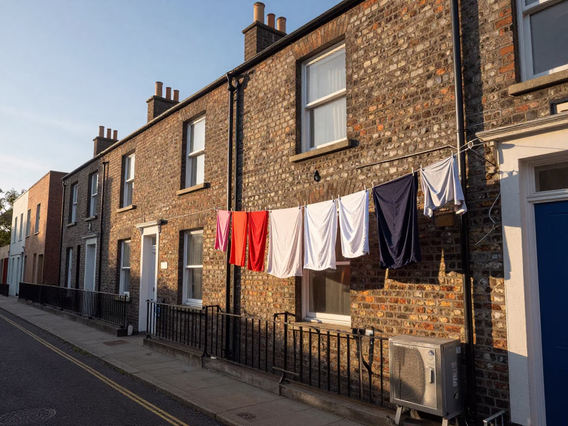 First Light Morning in Dublin Ireland Laundry Line and Brushed Steel Wall in in Dublin, Ireland