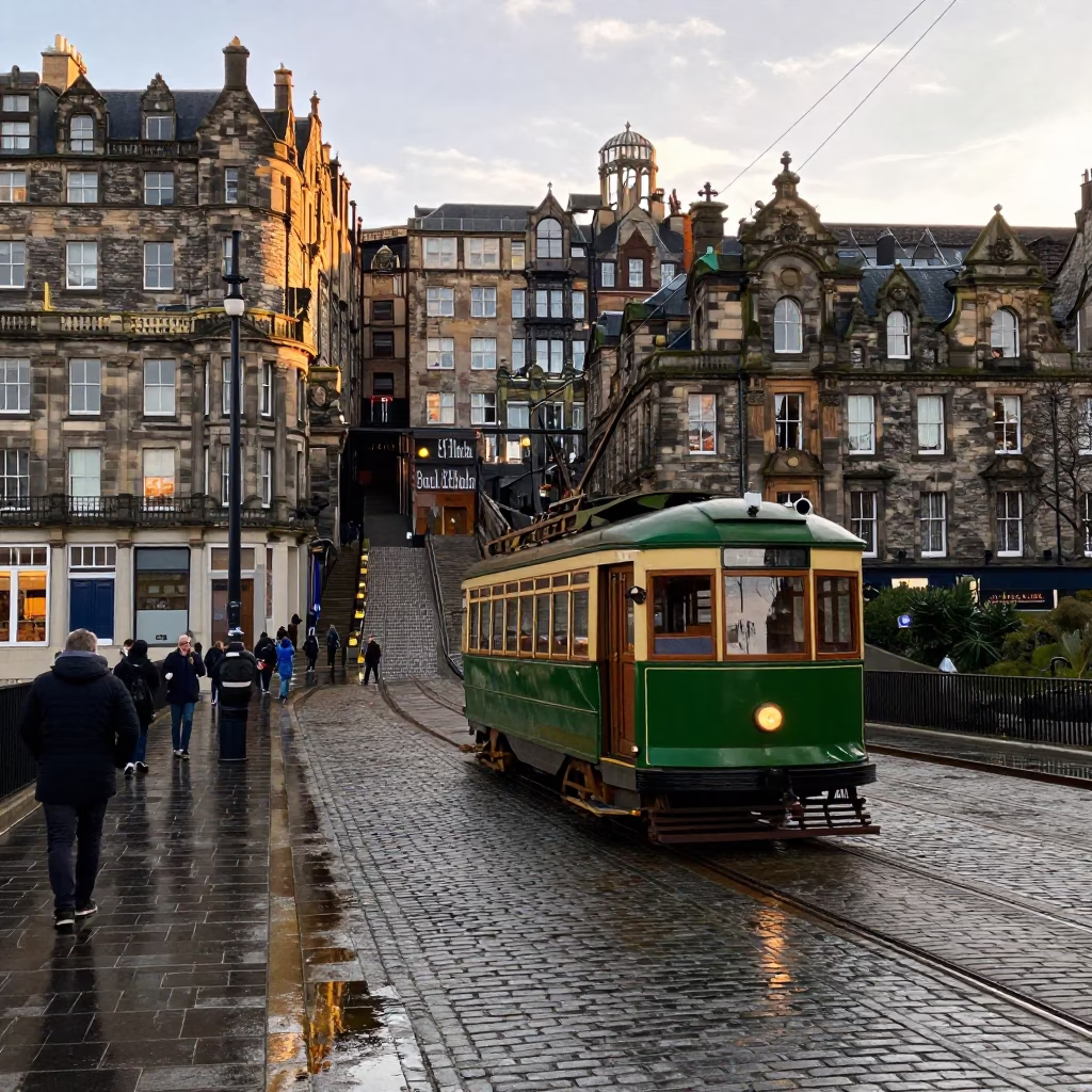 First Light Morning in Edinburgh Scotland Vintage Tram Passing Art Nouveau Facades in in Edinburgh, United Kingdom