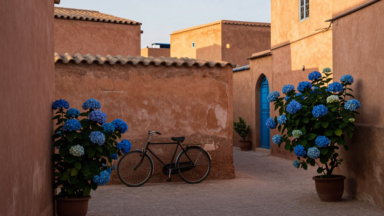 First Light Morning in Fez Morocco with Vintage Bicycle and Hydrangea Bush in in Fez, Morocco