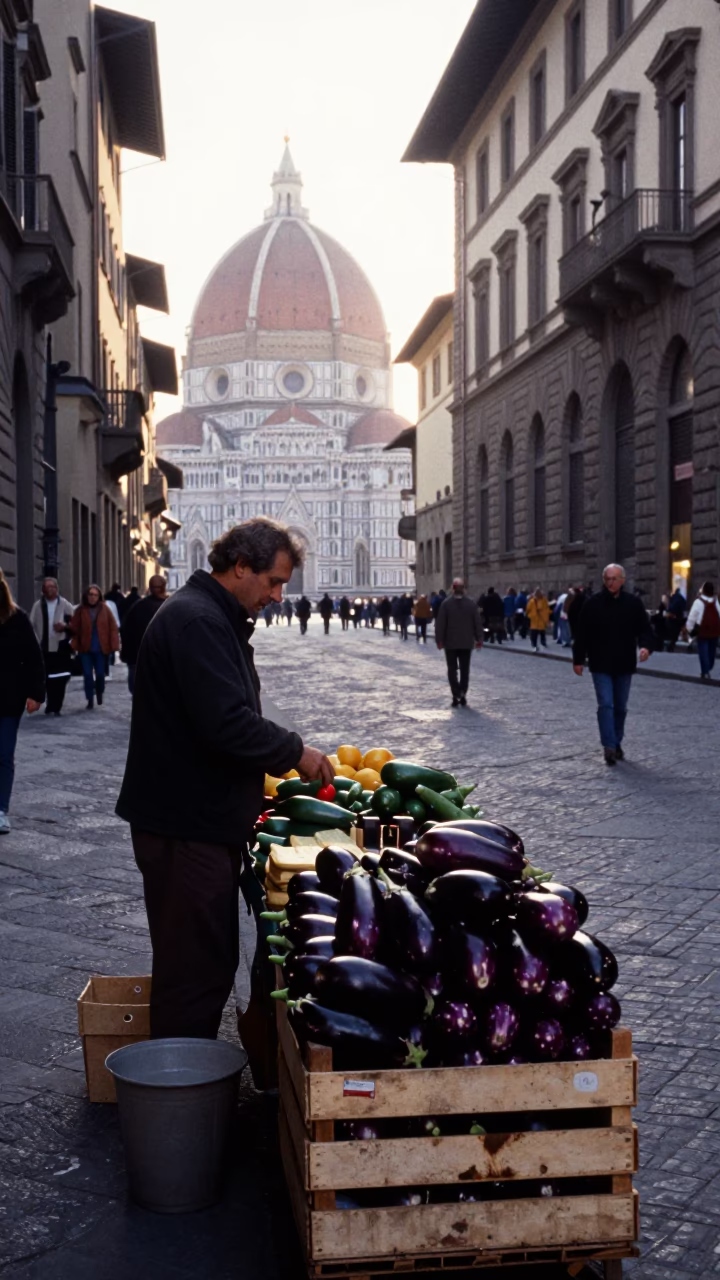 First Light Morning in Florence Italy Street Scene with Eggplants and Brass Details in in Florence, Italy