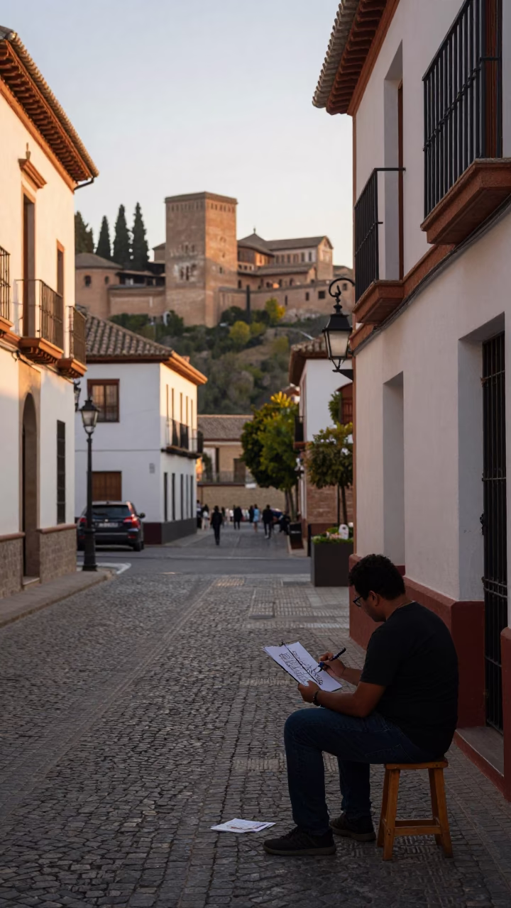 First Light Morning in Granada Spain Street Scene with Artist Sketching in in Granada, Spain