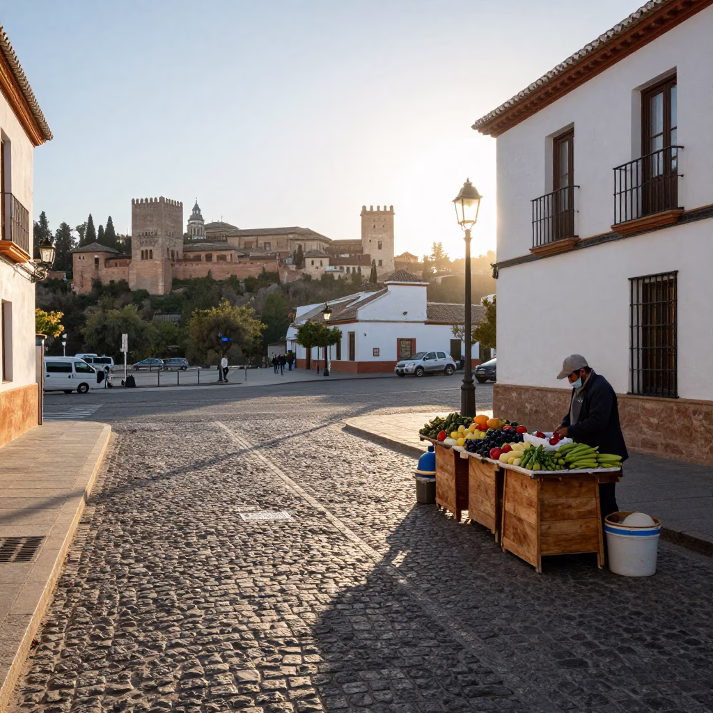 First Light Morning in Granada Spain Street Scene with Linen Fringe and Kitchen Utensil in in Granada, Spain