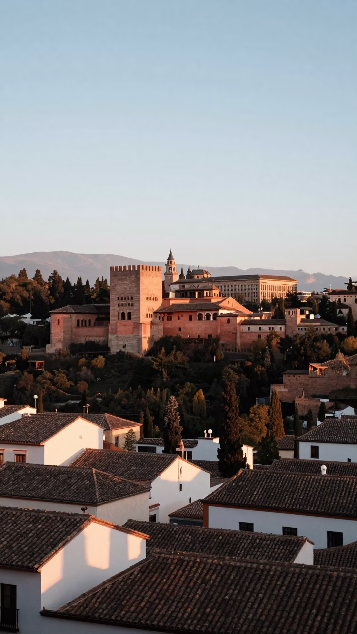 First Light Morning in Granada Spain Traditional Alhambra View and Local Street Life 1950s in in Granada, Spain