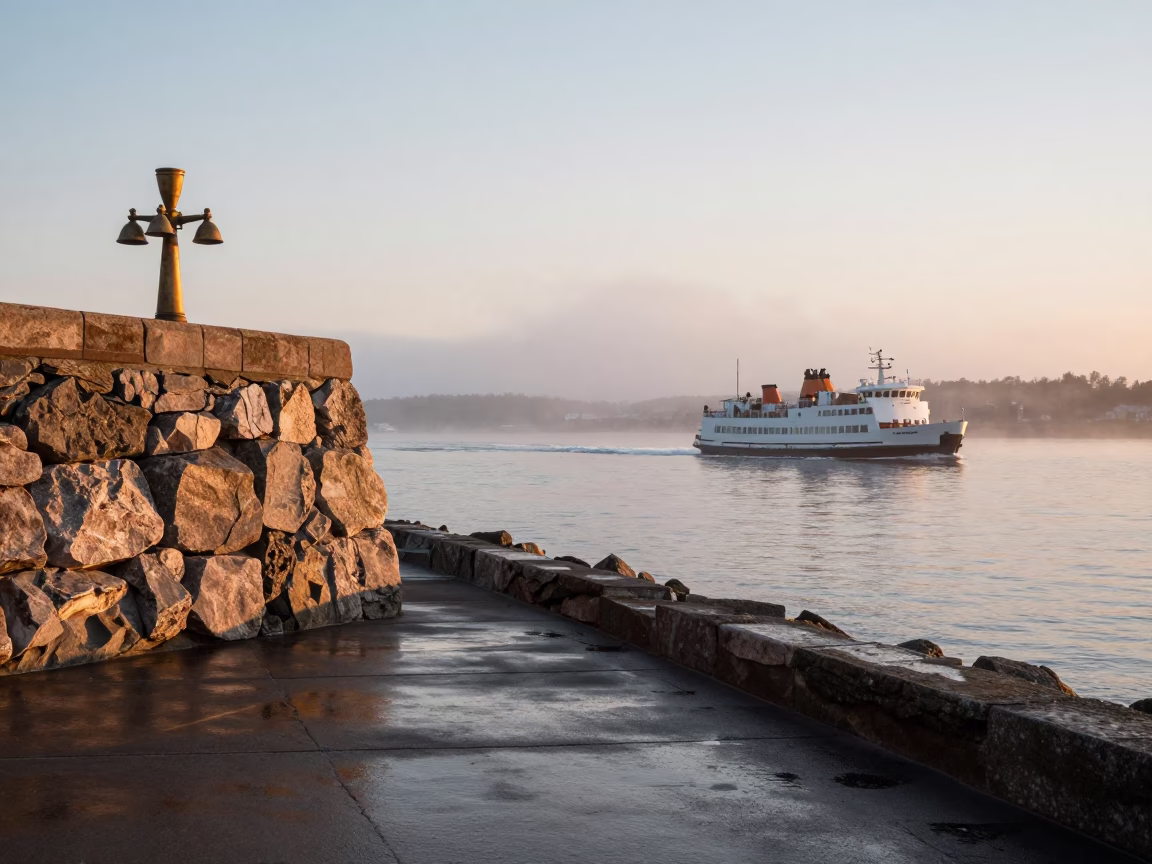 First Light Morning in Halifax Nova Scotia Waterfront with Ferry and Brass Rail in in Halifax, Nova Scotia, Canada