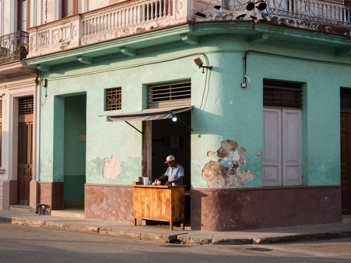 First Light Morning in Havana Cuba Street Scene with Local Breakfast Elements in in Havana, Cuba