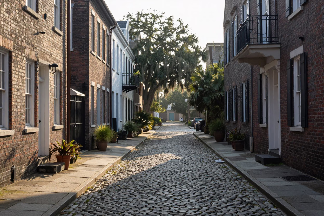 First Light Morning in Historic Charleston South Carolina Cobblestone Street Scene in in Charleston, South Carolina, United States