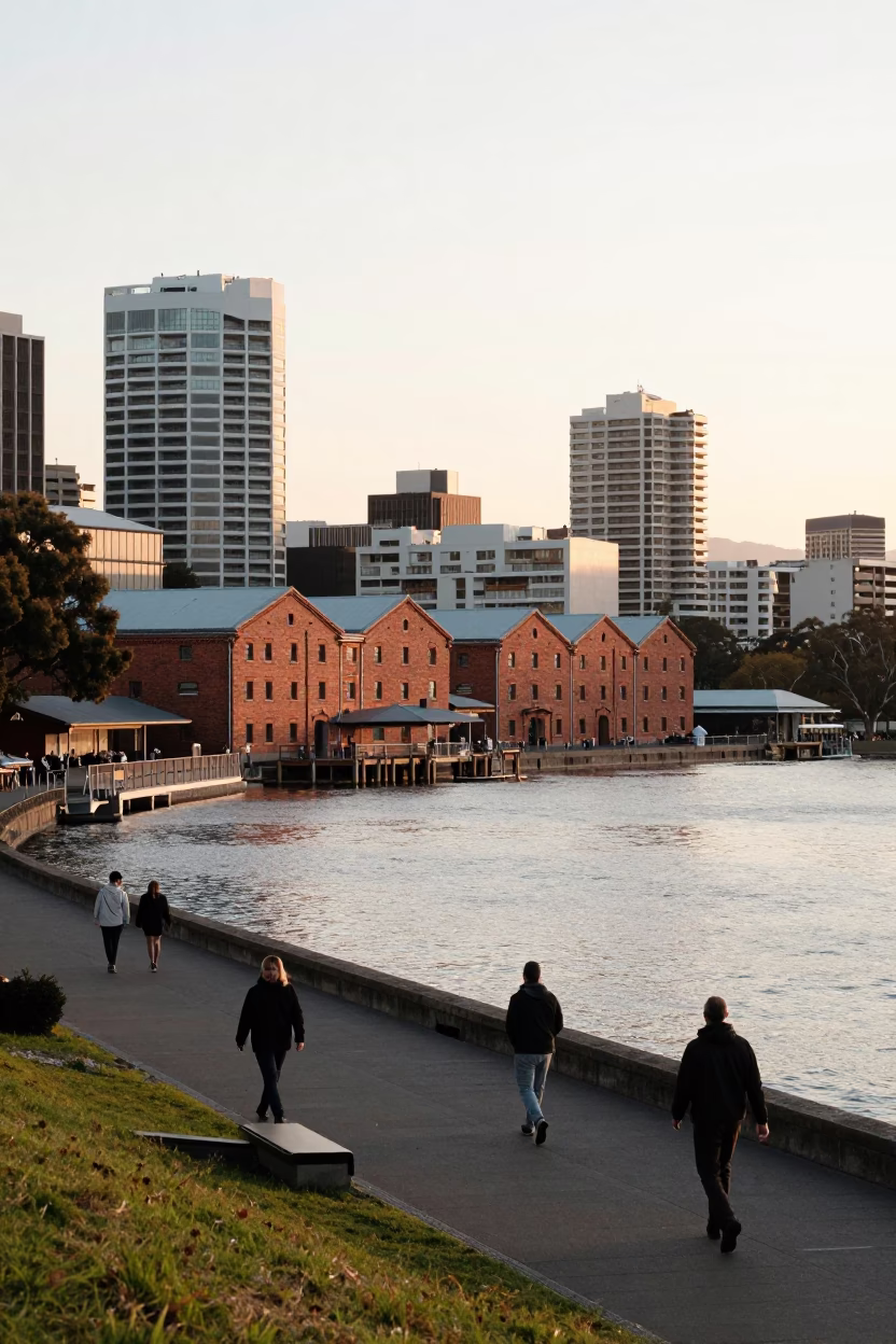 First Light Morning in Hobart Tasmania Australia Cityscape and Waterfront Scene in in Hobart, Tasmania, Australia