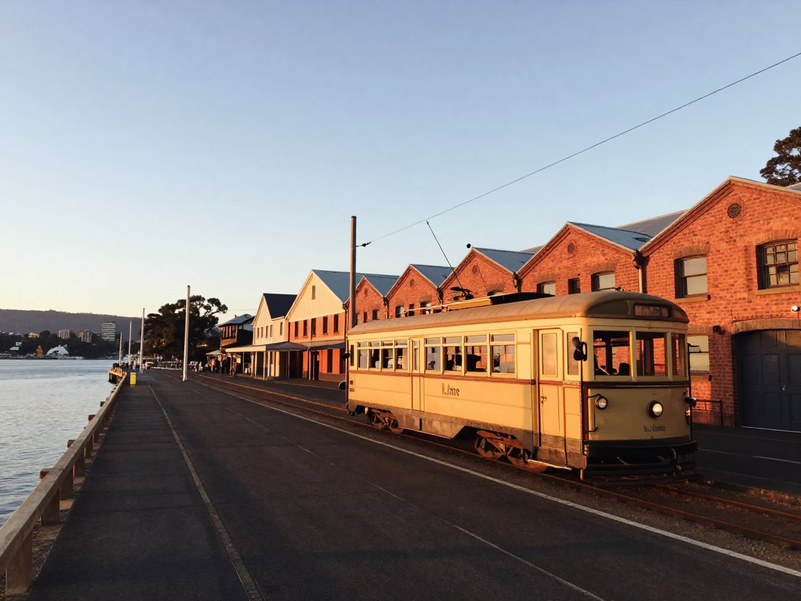 First Light Morning in Hobart Tasmania with Vintage Tram and Harbour Bridge in in Hobart, Tasmania, Australia