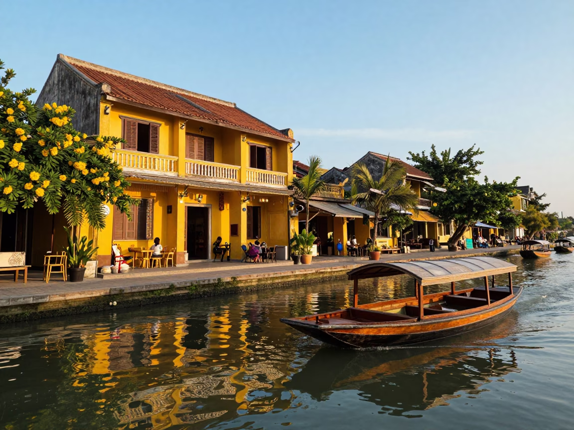 First Light Morning in Hoi An Vietnam with Yellow Saffron Shop and Water Taxi in in Hoi An, Vietnam