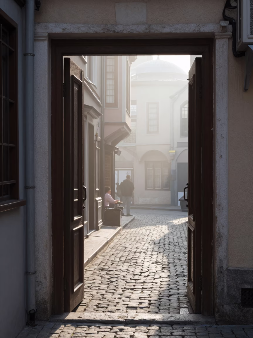 First Light Morning in Istanbul Turkey Street Scene with Doorframe and Coffee in in Istanbul, Turkey