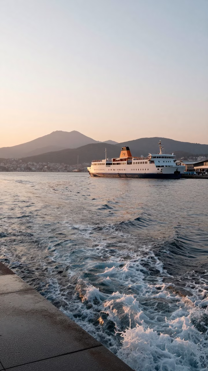 First Light Morning in Izmir Turkey Ferry Leaving Harbor with Mountains Behind in in Izmir, Turkey
