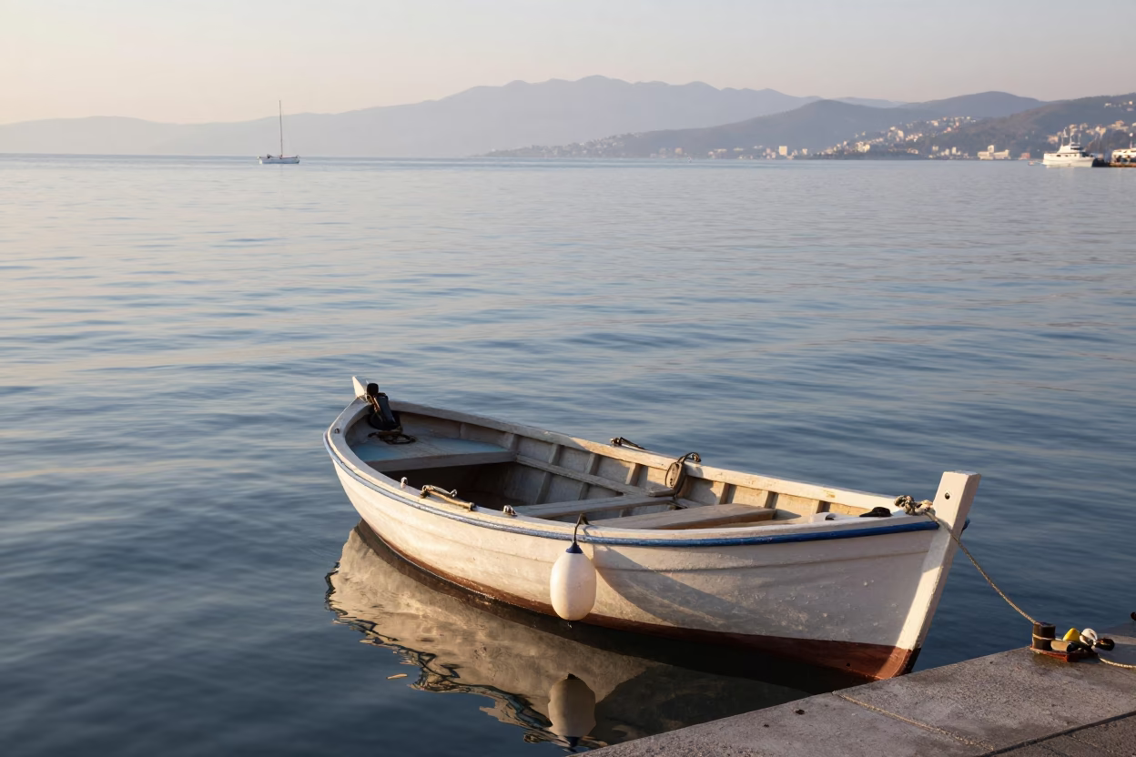 First Light Morning in Izmir Turkey Fishing Floats on Harbor Boat in in Izmir, Turkey