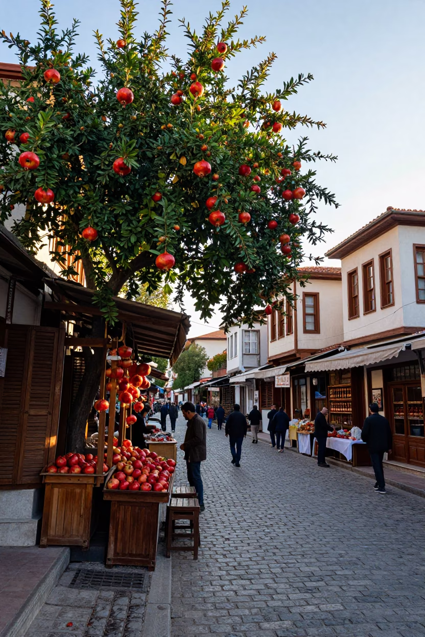 First Light Morning in Izmir Turkey Street Scene with Pomegranate Tree and Local Life in in Izmir, Turkey