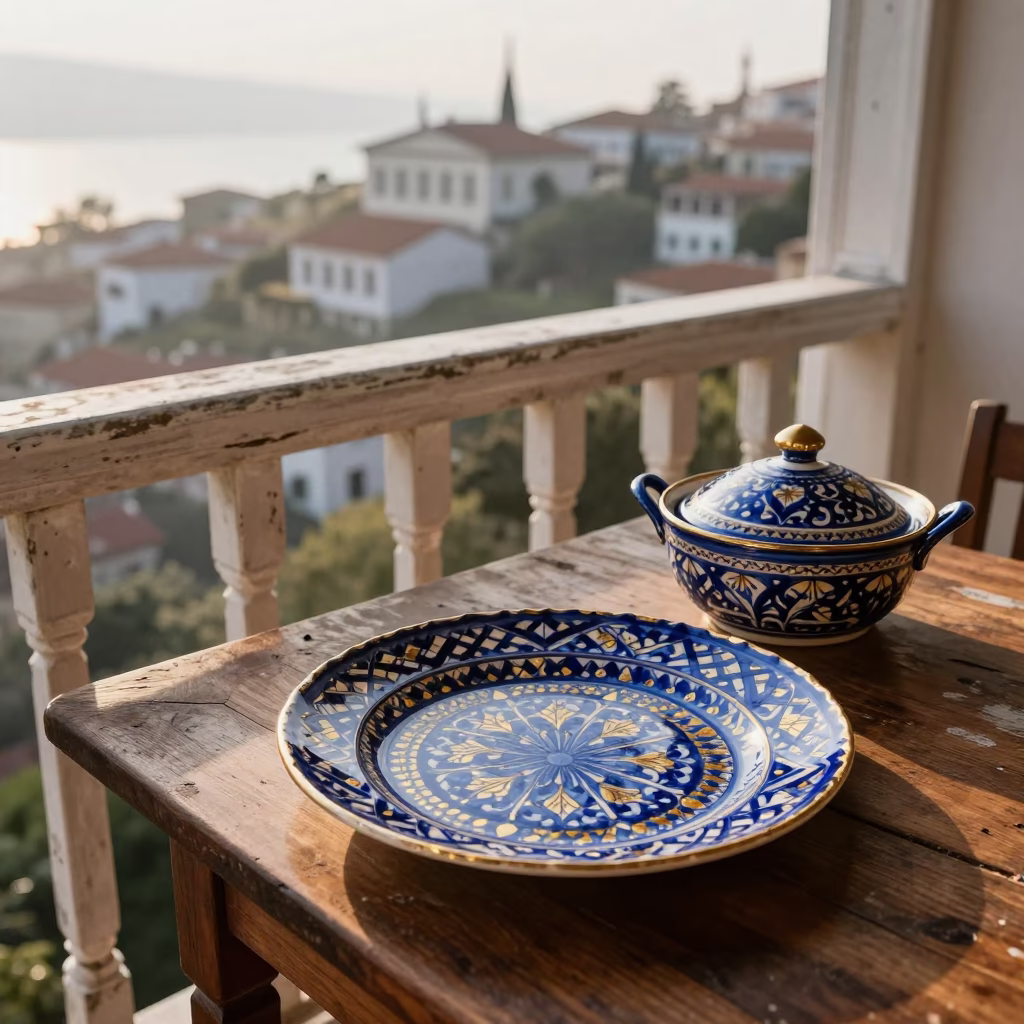 First Light Morning in Izmir Turkey Vintage Majolica Plate and Saucepan on Balcony in in Izmir, Turkey