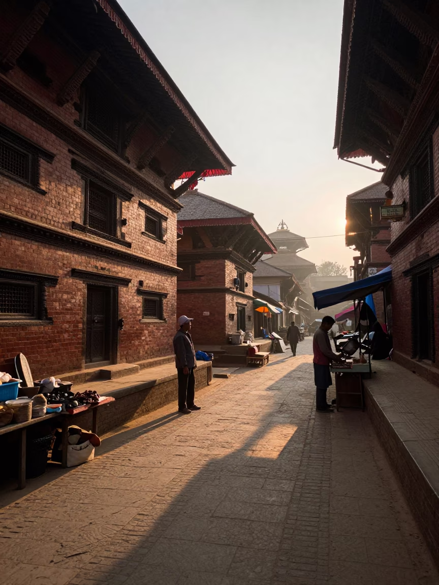 First Light Morning in Kathmandu Nepal Street Scene with Local Market Activity in in Kathmandu, Nepal