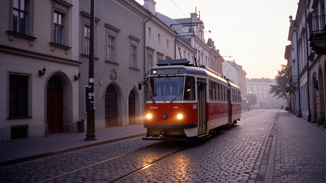 First Light Morning in Krakow Poland Heritage Tram on Cobblestone Avenue in in Krakow, Poland
