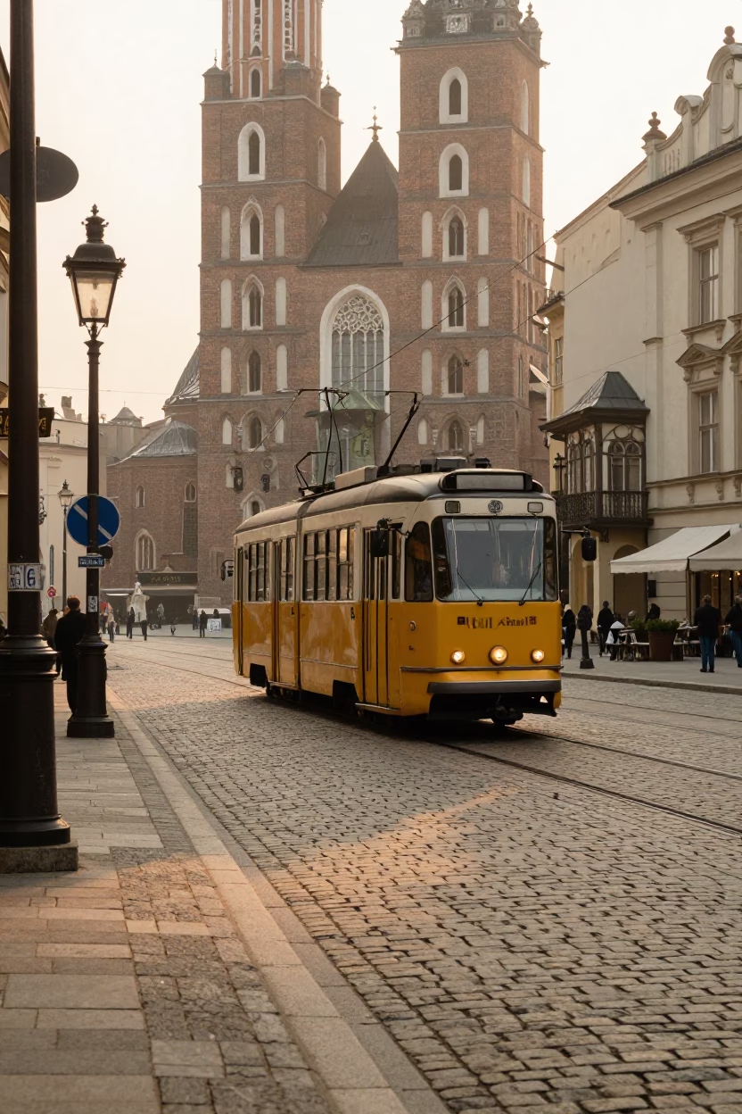 First Light Morning in Krakow Poland with Traditional Tram and Cobblestone Streets in in Krakow, Poland