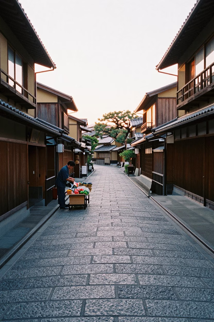 First Light Morning in Kyoto Japan Street Scene with Traditional Architecture and Local Life in in Kyoto, Japan