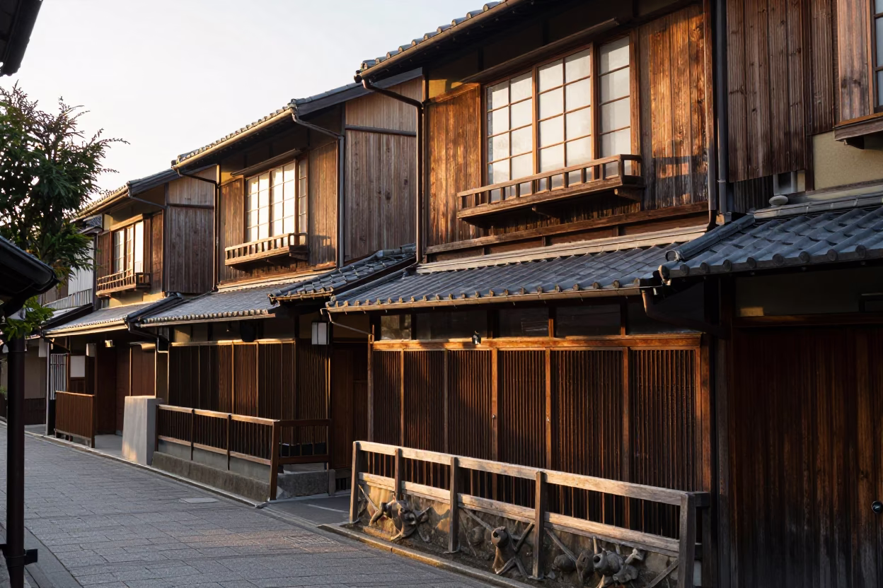 First Light Morning in Kyoto Japan Street Scene with Traditional Architecture in in Kyoto, Japan
