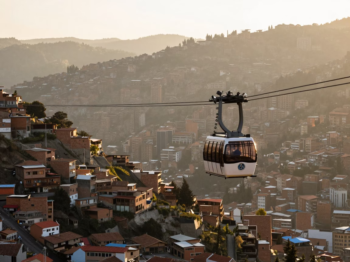 First Light Morning in La Paz Bolivia with Cable Car Crossing Mountain Gorge in in La Paz, Bolivia
