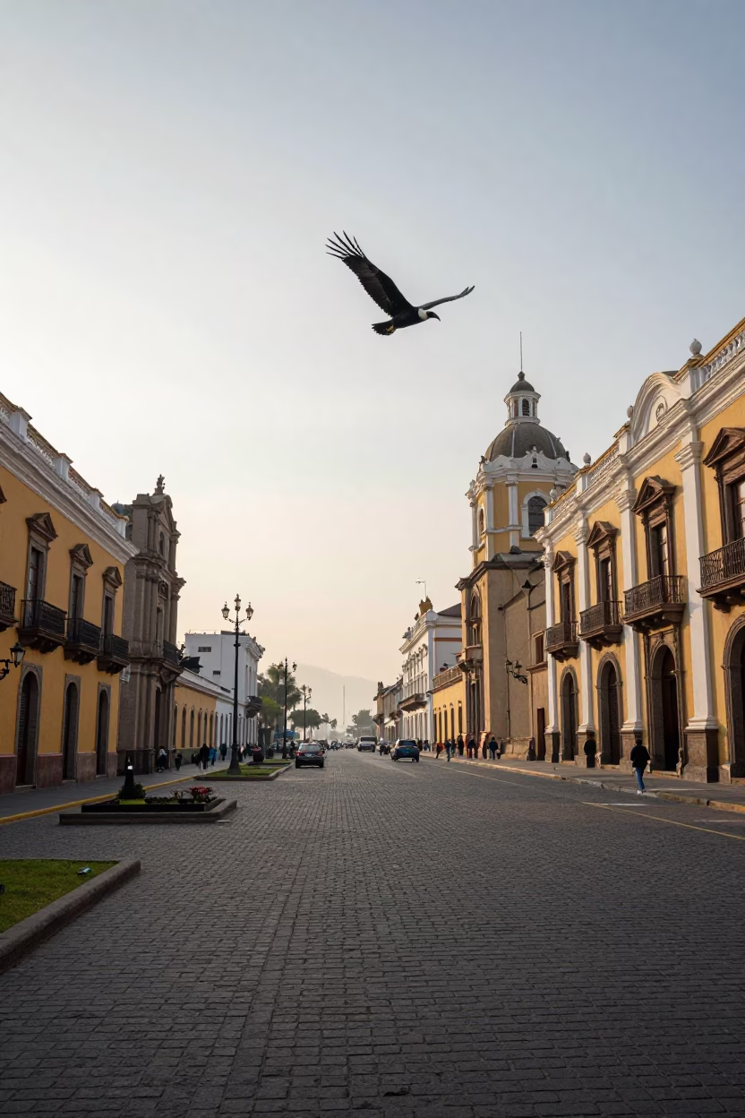 First Light Morning in Lima Peru Street Scene with Condor Soaring Over Andes in in Lima, Peru