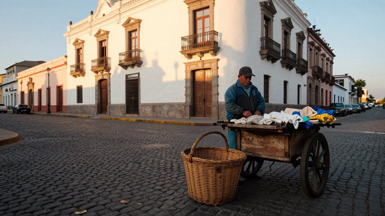 First Light Morning in Lima Peru Street Vendor Wicker Hamper and Apron in in Lima, Peru