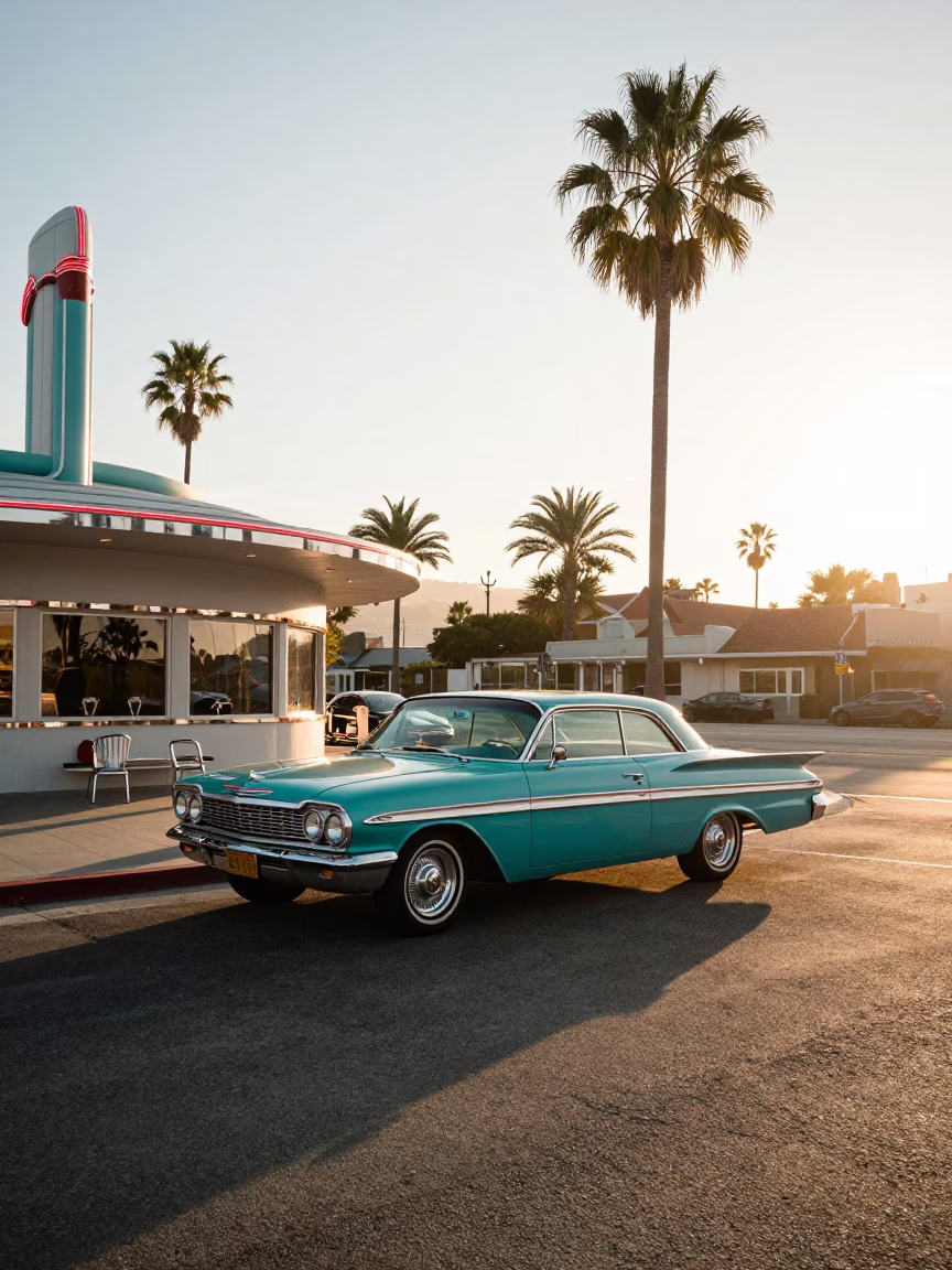 First Light Morning in Los Angeles California with Vintage Car and Diner Scene in in Los Angeles, California, United States