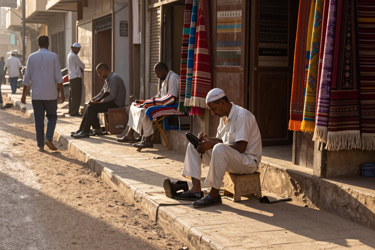 First Light Morning in Luxor Egypt Shoe Shiner Busy Sidewalk Linen Fringe Wall in in Luxor, Egypt