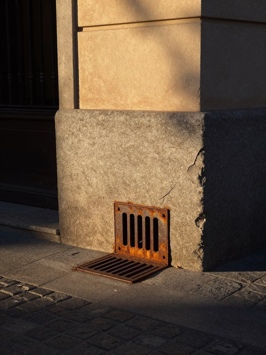 First Light Morning in Madrid Spain Rusty Drain and Urban Street Corner in in Madrid, Spain
