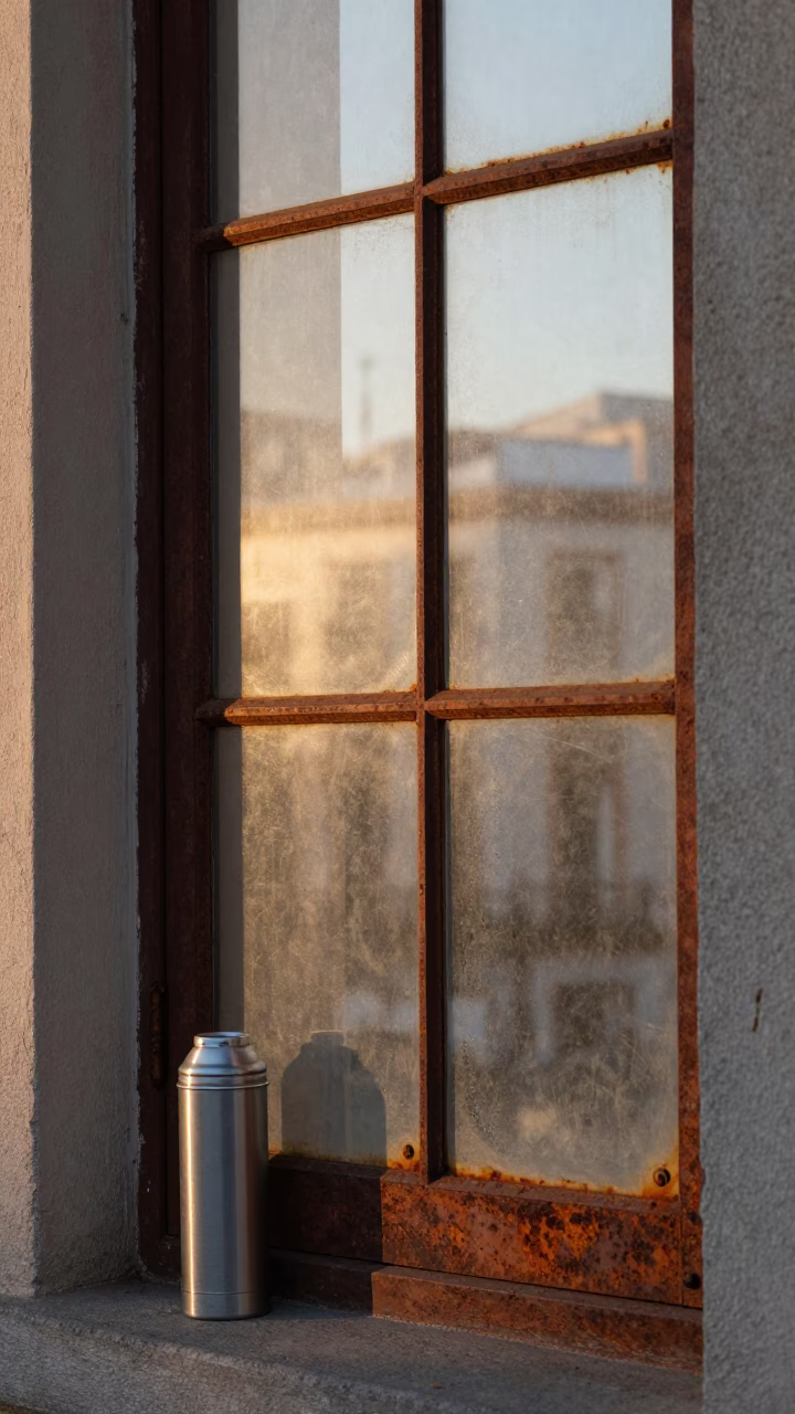 First Light Morning in Madrid Spain Rusty Window Frame and Thermos Coffee in in Madrid, Spain