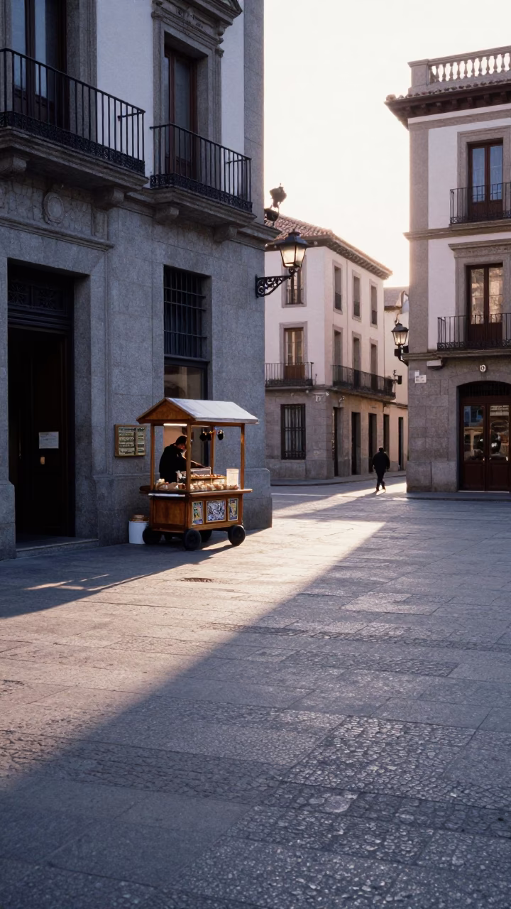 First Light Morning in Madrid Spain Street Scene with Vintage Majolica Plate in in Madrid, Spain