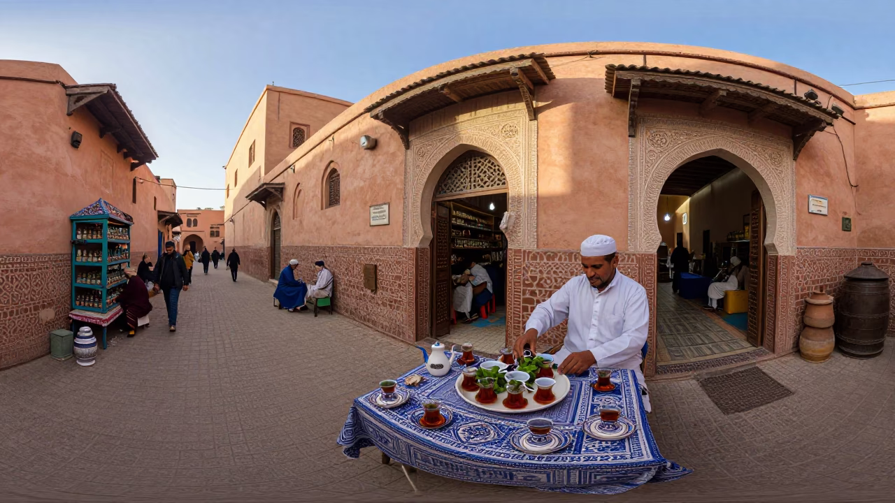 First Light Morning in Marrakech Medina with Ceramic Tea Service in in Marrakech, Morocco
