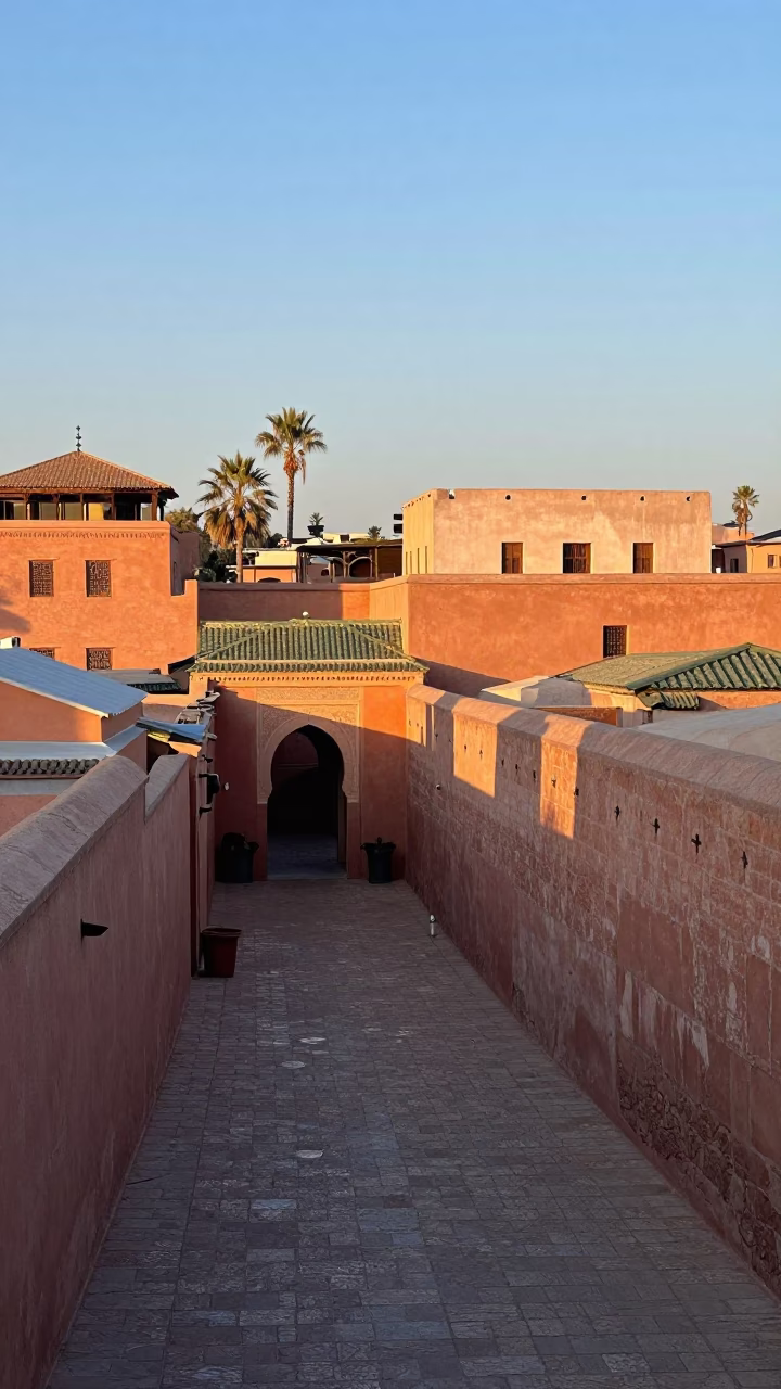 First Light Morning in Marrakech Medina with Stone Cloister Walkway and Rusty Lamp in in Marrakech, Morocco