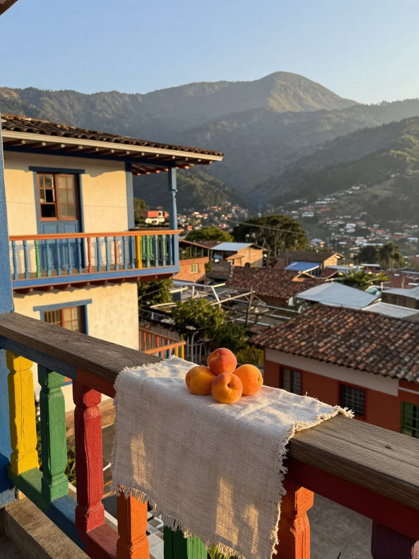 First Light Morning in Medellin Colombia with Apricots and Linen on Balcony in in Medellin, Colombia
