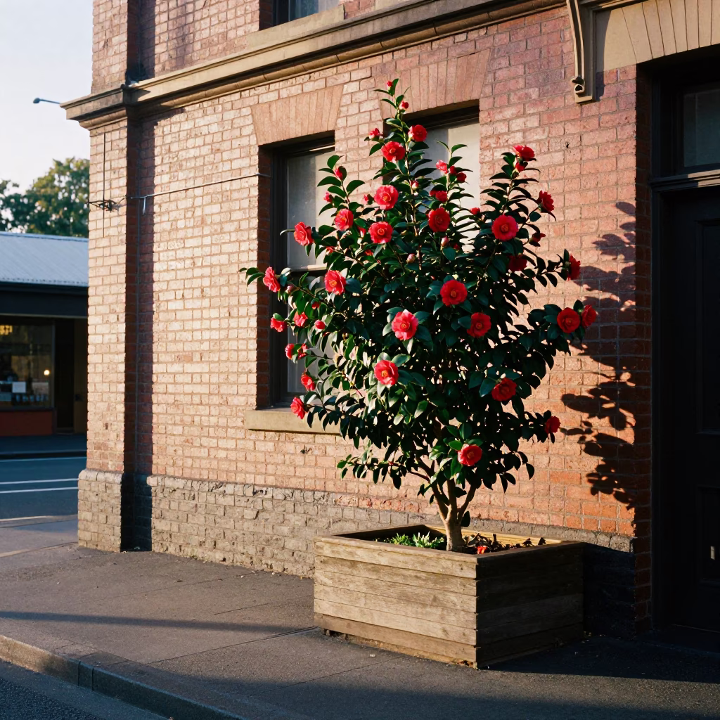 First Light Morning in Melbourne Australia Street Scene with Camellia and Window Reflections in in Melbourne, Victoria, Australia