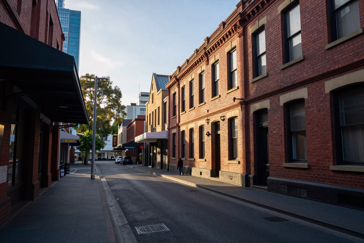 First Light Morning in Melbourne Victoria Australia Street Scene with Local Details in in Melbourne, Victoria, Australia