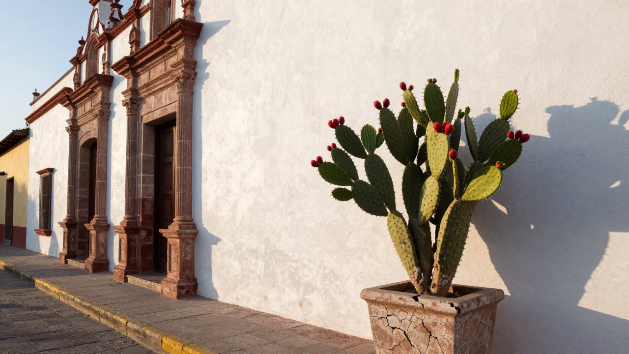 First Light Morning in Merida Mexico Street Scene with Prickly Pear Cactus in in Merida, Mexico