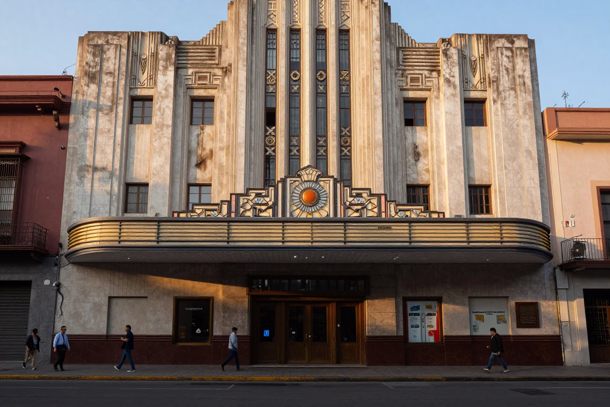 First Light Morning in Mexico City Art Deco Cinema Facade Street Scene in in Mexico City, Mexico