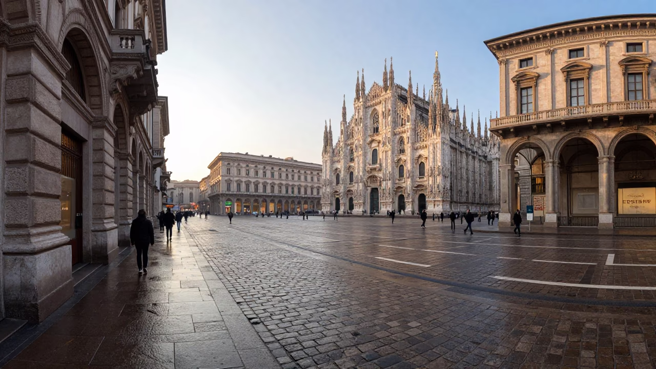 First Light Morning in Milan Italy Cobblestone Street and Historic Architecture in in Milan, Italy