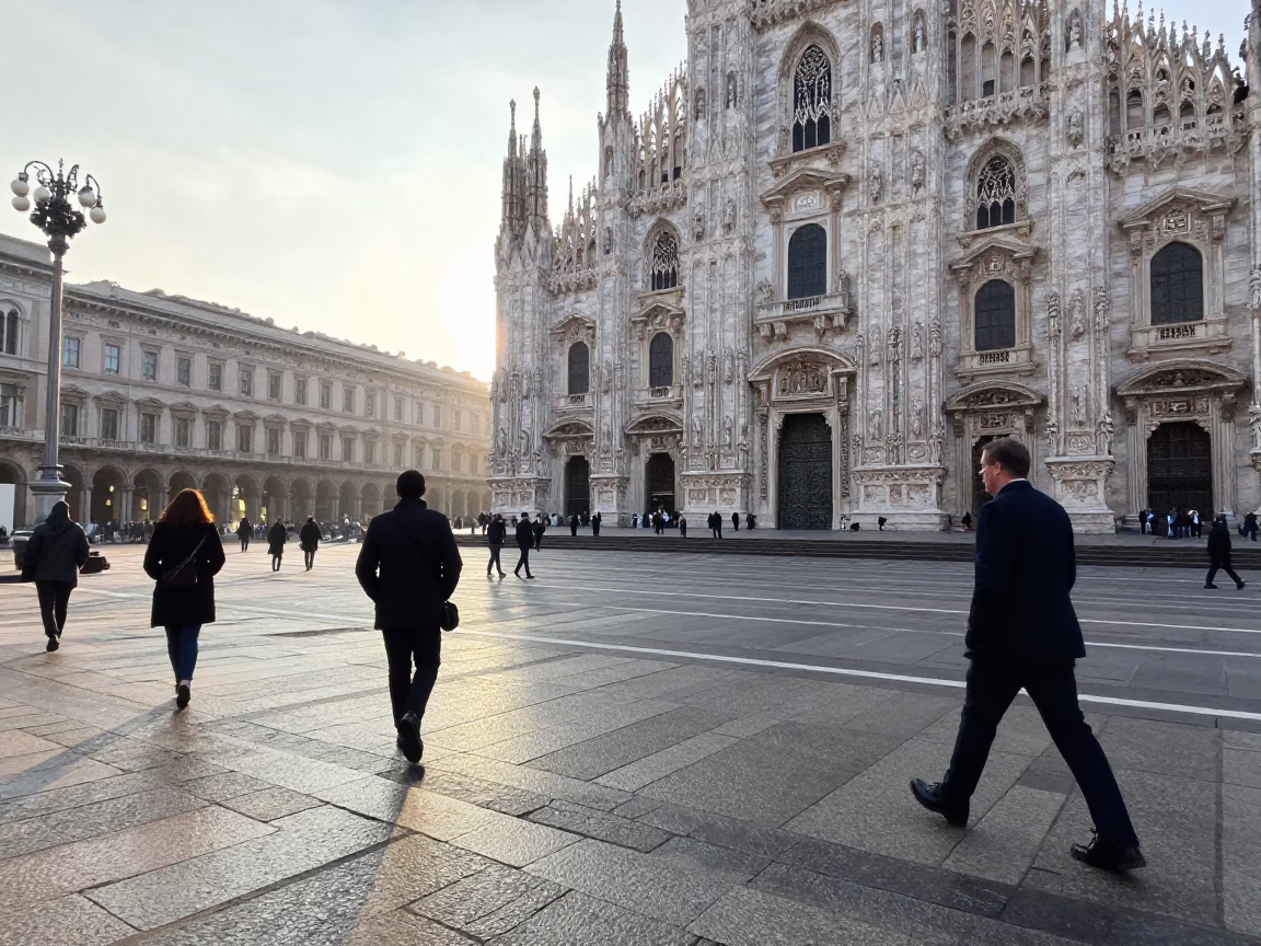 First Light Morning in Milan Italy Street Scene with Pedestrians and Architecture in in Milan, Italy