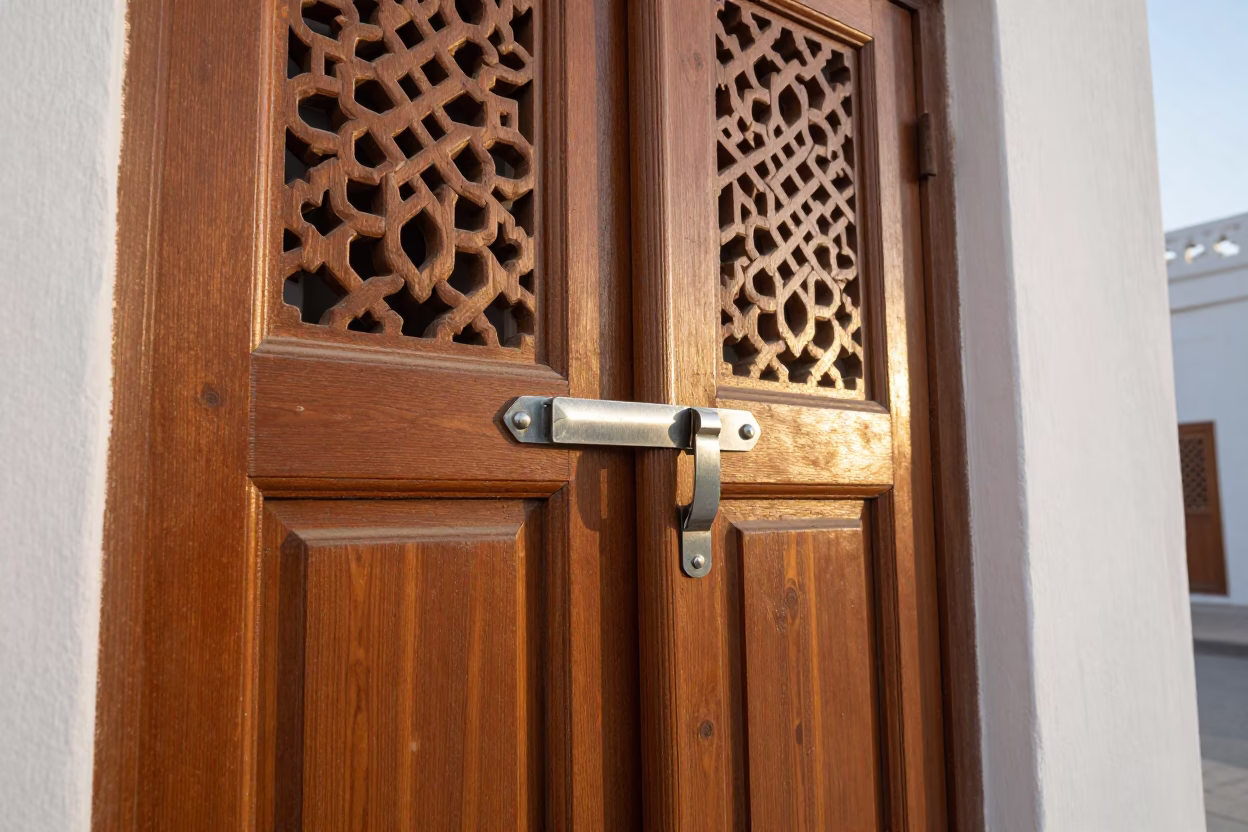 First Light Morning in Muscat Oman with Brushed Steel Latch on Traditional Building in in Muscat, Oman