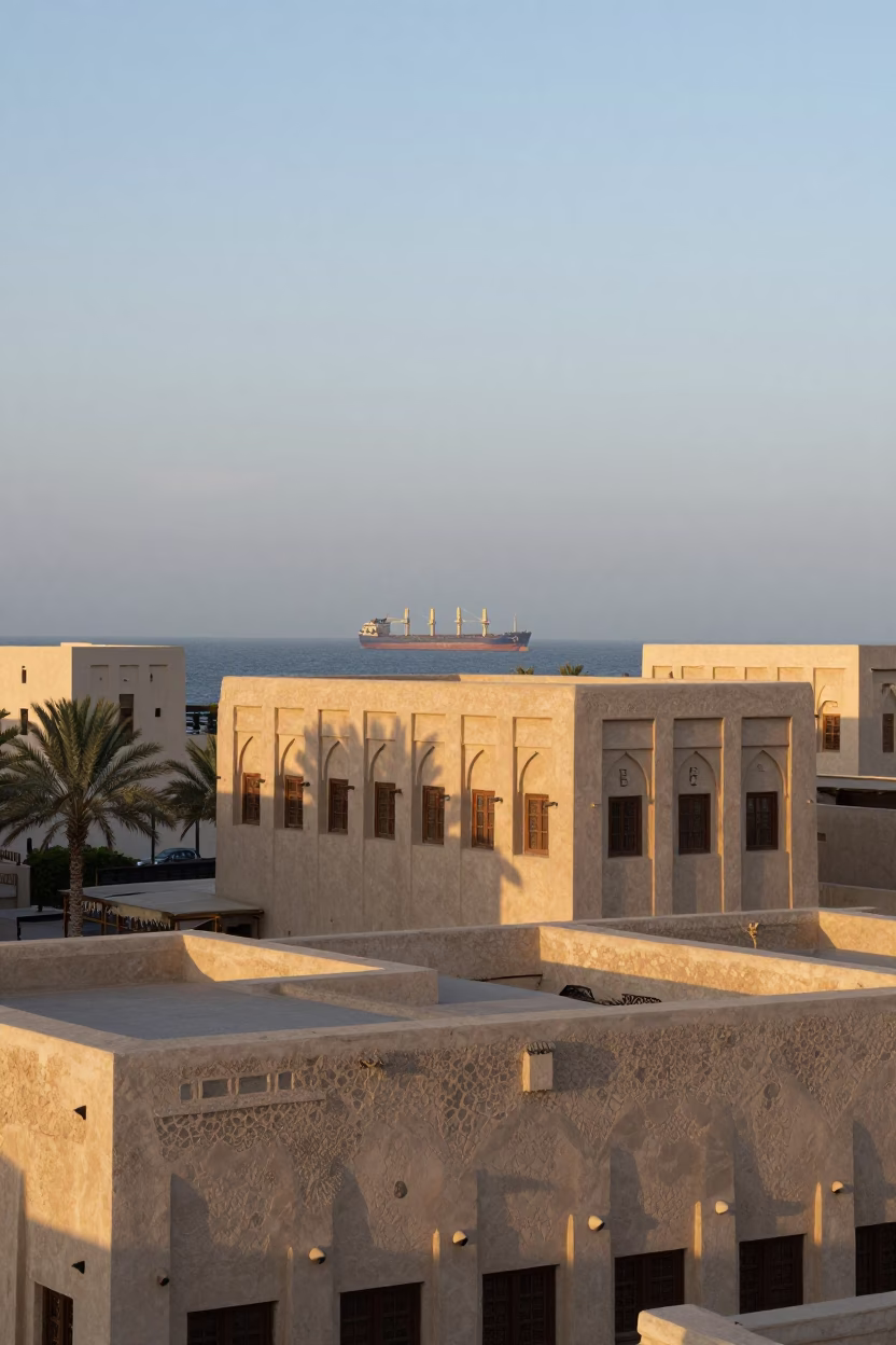 First Light Morning in Muscat Oman with Cargo Ship Horizon and Fresh Dates in in Muscat, Oman